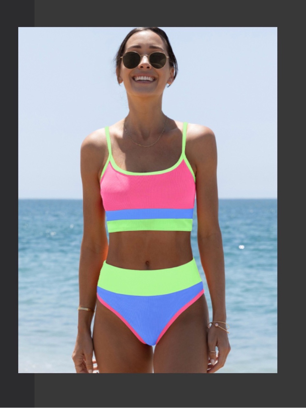 Popvil Neon Colorblock High-Waist Bikini - Pink & Lime